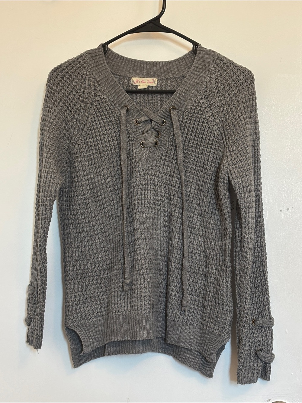 It's Our Time Grey Lace-Up V-Neck Knit Sweater
